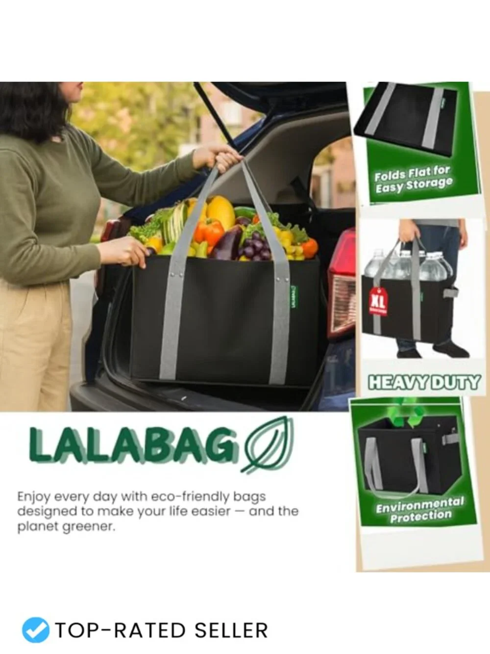 Reusable Grocery Bags (3 Pack) Heavy Duty Eco Tote with Hard Bottom, Holds 65